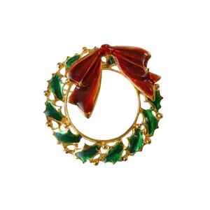 1990s Gold Plated Red & Green Enamel Christmas Wreath Holiday Figural Pin Brooch